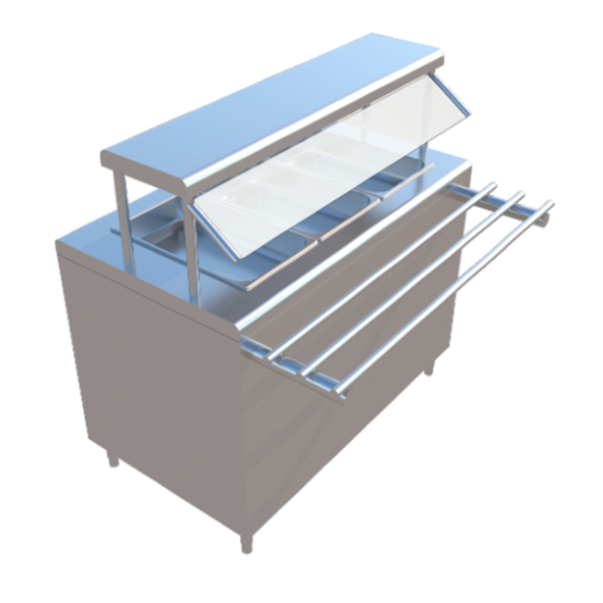 Mesa fria tipo gabinete de 3 secciones, con deslizador de charolas y repisa cubre estornudos. MED. 1.20X0.70X0.90 MTS MOD. BFG-120-3